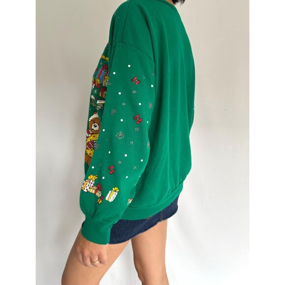 80s vintage green christmas teddy bear graphic ugly holiday pullover sweater - Picture 5 of 9